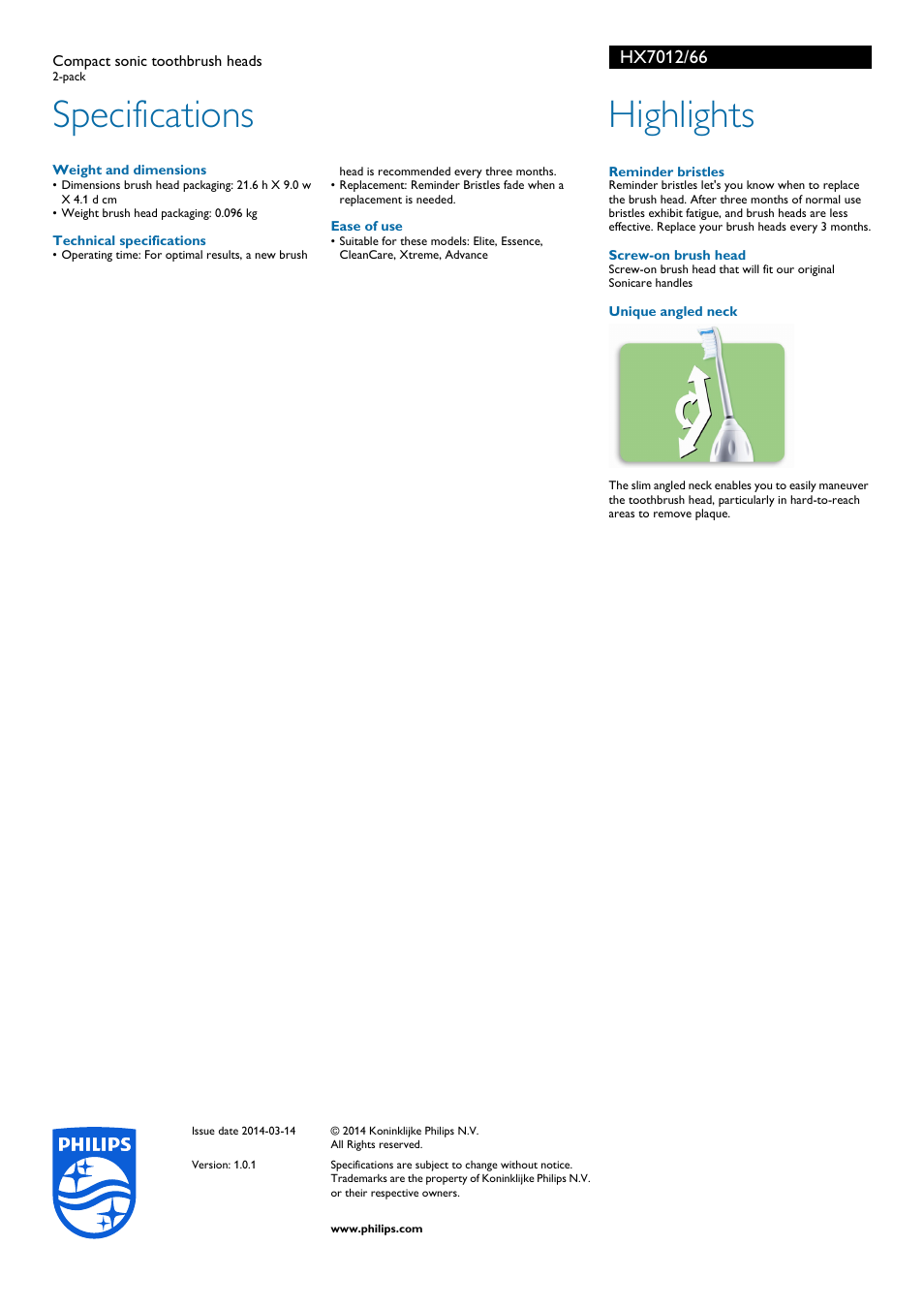 Specifications, Highlights | Philips HX7012-66 User Manual | Page 2 / 2