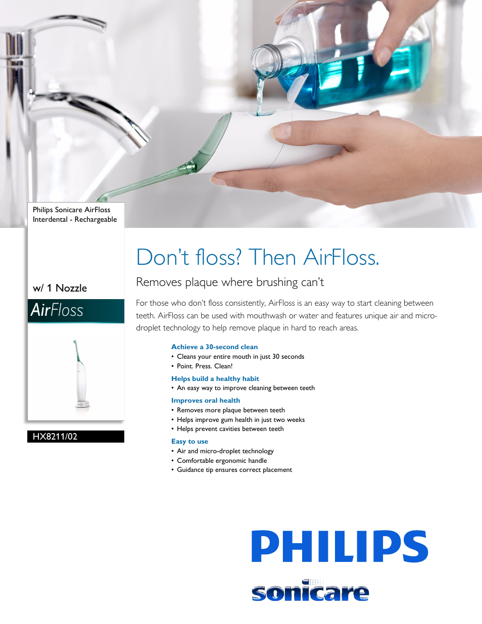 Philips Sonicare AirFloss Interdental - Rechargeable HX8211-02 w- 1 Nozzle User Manual | 3 pages