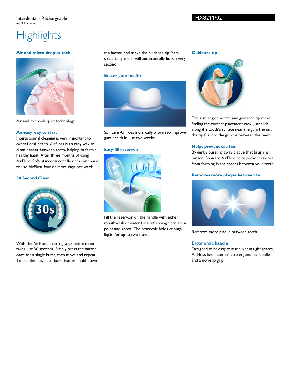 Highlights | Philips Sonicare AirFloss Interdental - Rechargeable HX8211-02 w- 1 Nozzle User Manual | Page 2 / 3