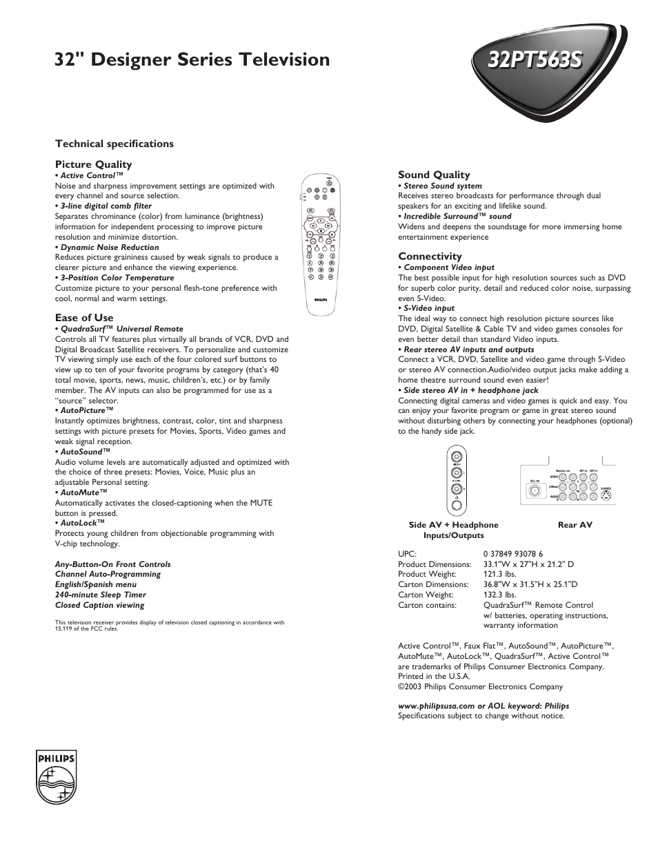 32" designer series television | Philips 32PT563S User Manual | Page 2 / 2