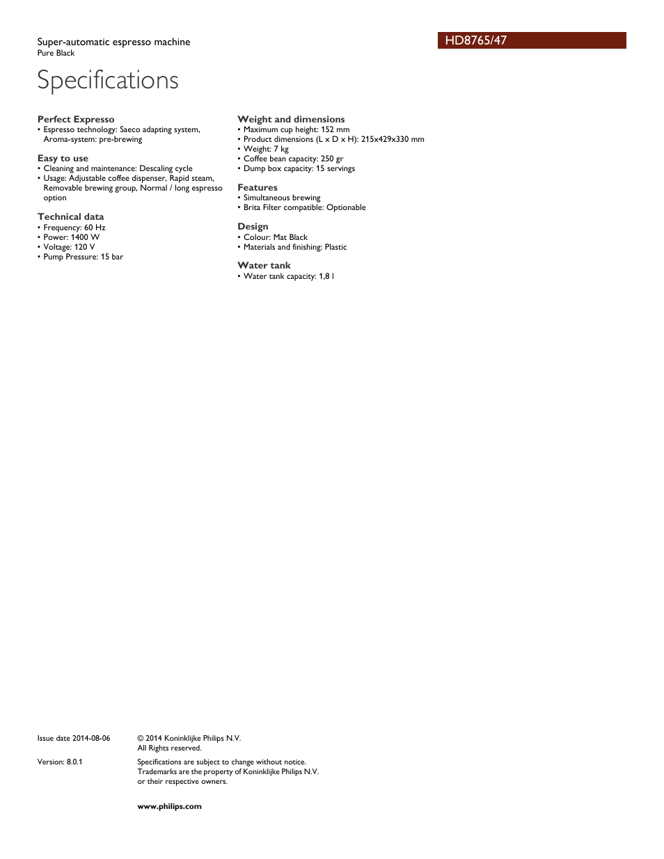 Specifications | Philips HD8765-47 User Manual | Page 3 / 3