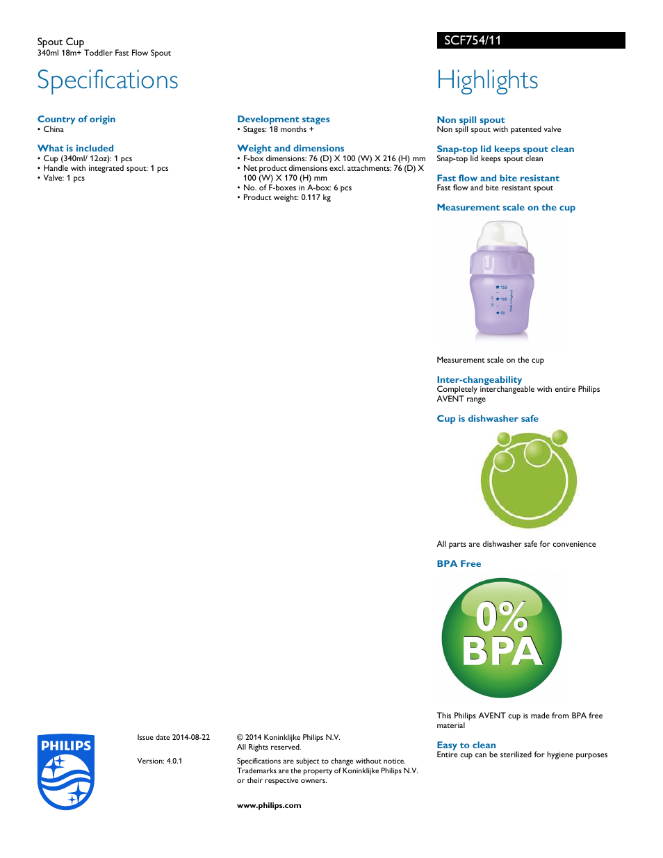Specifications, Highlights | Philips SCF754-11 User Manual | Page 2 / 2