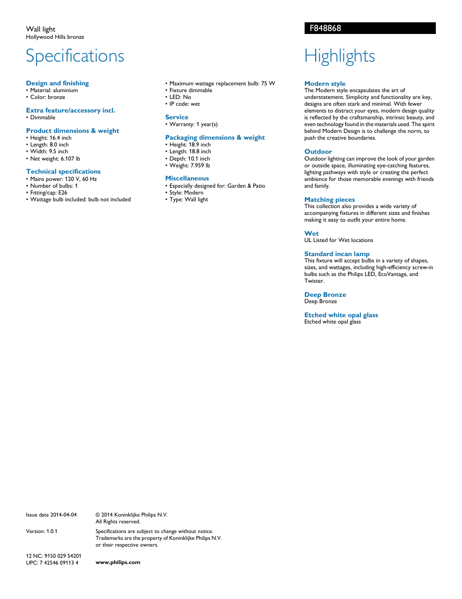 Specifications, Highlights | Philips F848868 User Manual | Page 2 / 2