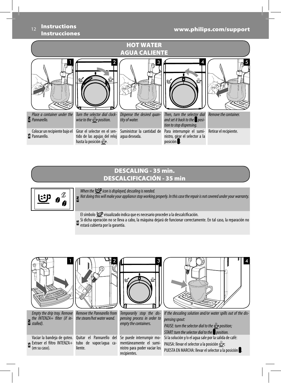 Hot water agua caliente, Descaling - 35 min. descalcificación - 35 min | Philips HD8837-47 User Manual | Page 12 / 60