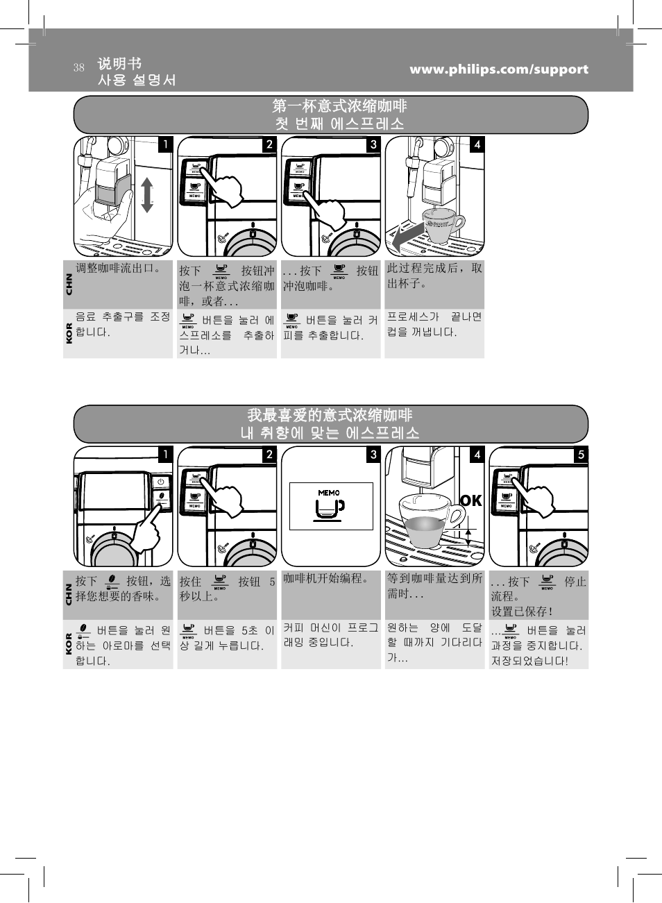 第一杯意式浓缩咖啡, 第一杯意式浓缩咖啡 첫 번째 에스프레소 첫 번째 에스프레소, 我最喜爱的意式浓缩咖啡 | 我最喜爱的意式浓缩咖啡 내 취향에 맞는 에스프레소 내 취향에 맞는 에스프레소 | Philips HD8837-47 User Manual | Page 38 / 60