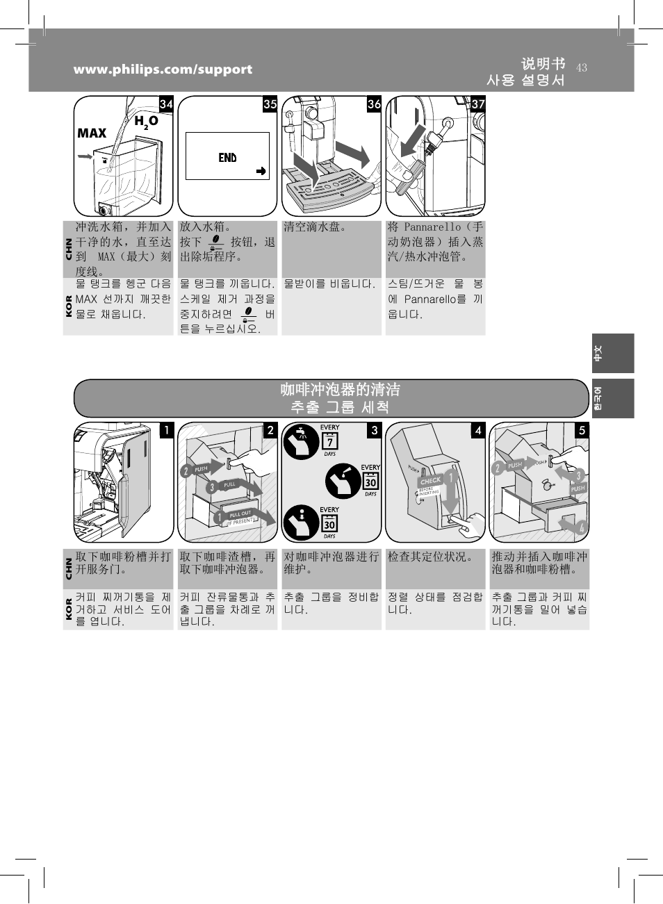 咖啡冲泡器的清洁, 咖啡冲泡器的清洁 추출 그룹 세척 추출 그룹 세척, Omax | Philips HD8837-47 User Manual | Page 43 / 60