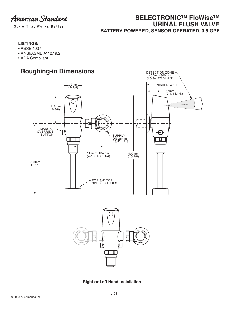 Selectronic™ flowise™ urinal, Roughing-in dimensions, Flush valve | Battery powered, sensor operated, 0.5 gpf | American Standard 6063051.002 User Manual | Page 2 / 2