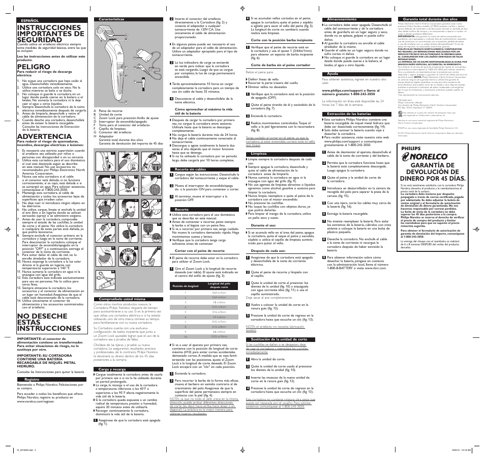 Instrucciones importantes de seguridad, Peligro, Advertencia | No deseche estas instrucciones, Garantía de devolución de dinero por 45 días | Philips QT4000-42 User Manual | Page 2 / 2