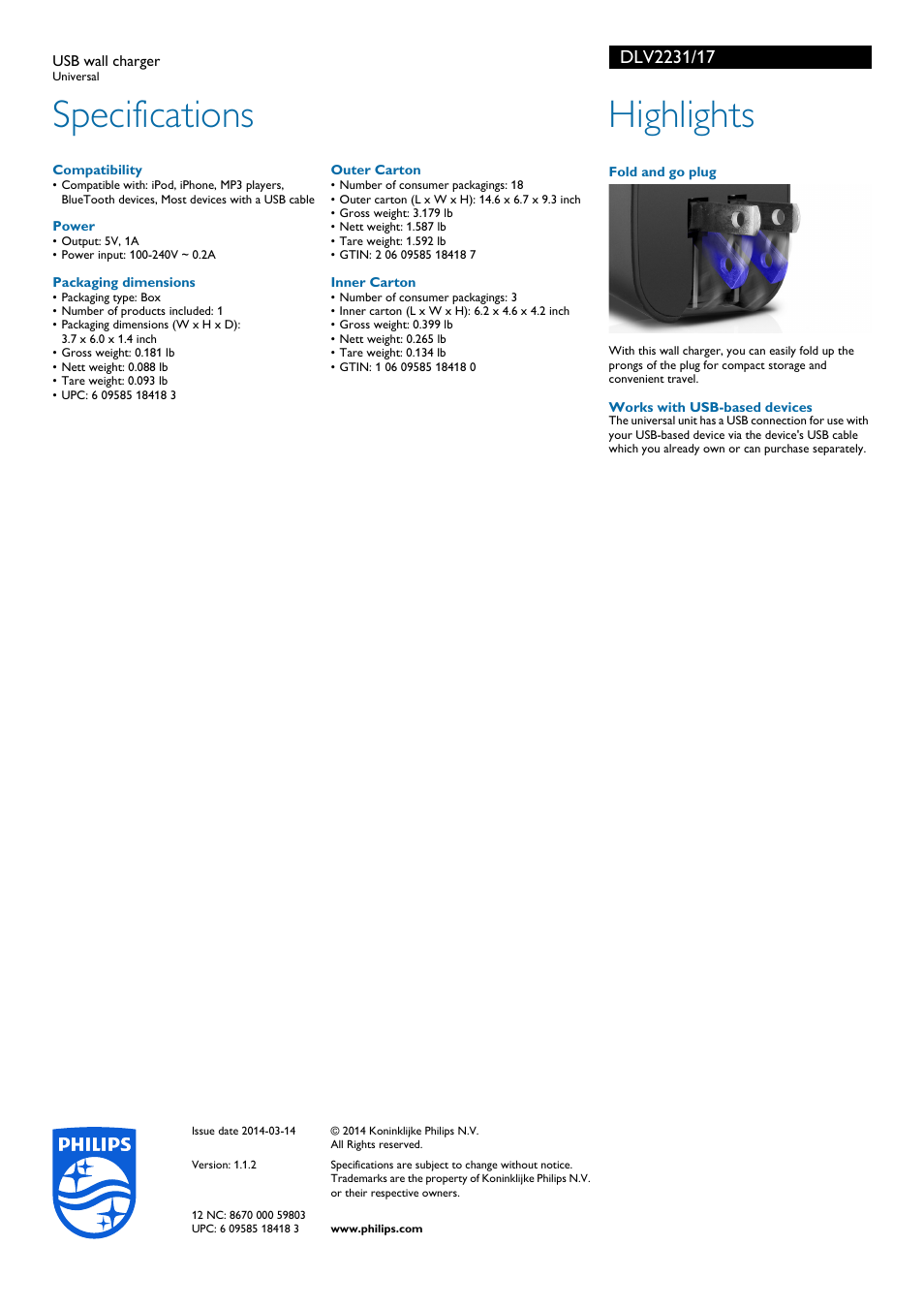 Specifications, Highlights | Philips DLV2231-17 User Manual | Page 2 / 2