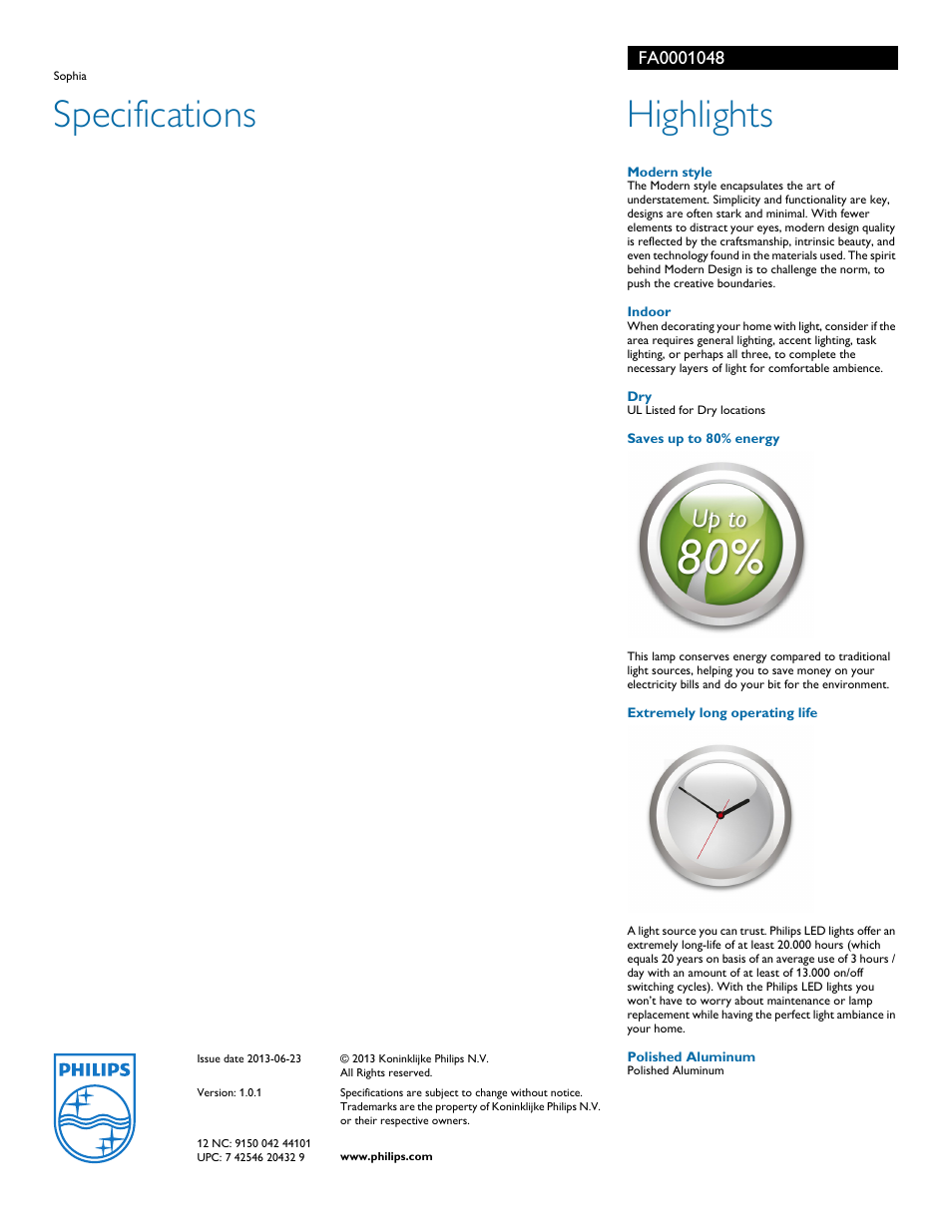 Specifications, Highlights | Philips FA0001048 User Manual | Page 2 / 2