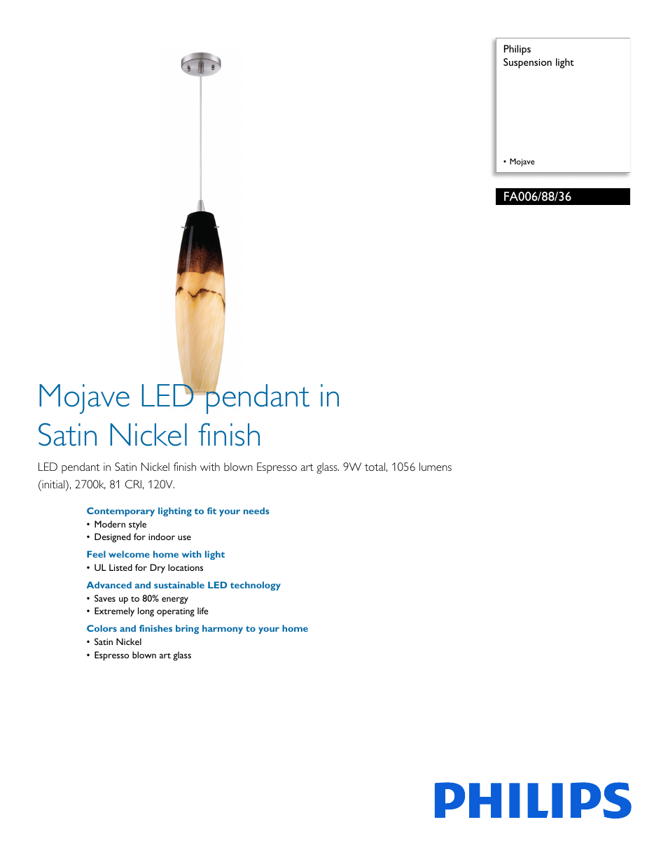 Philips Forecast Suspension light FA006-88-36 Mojave User Manual | 2 pages