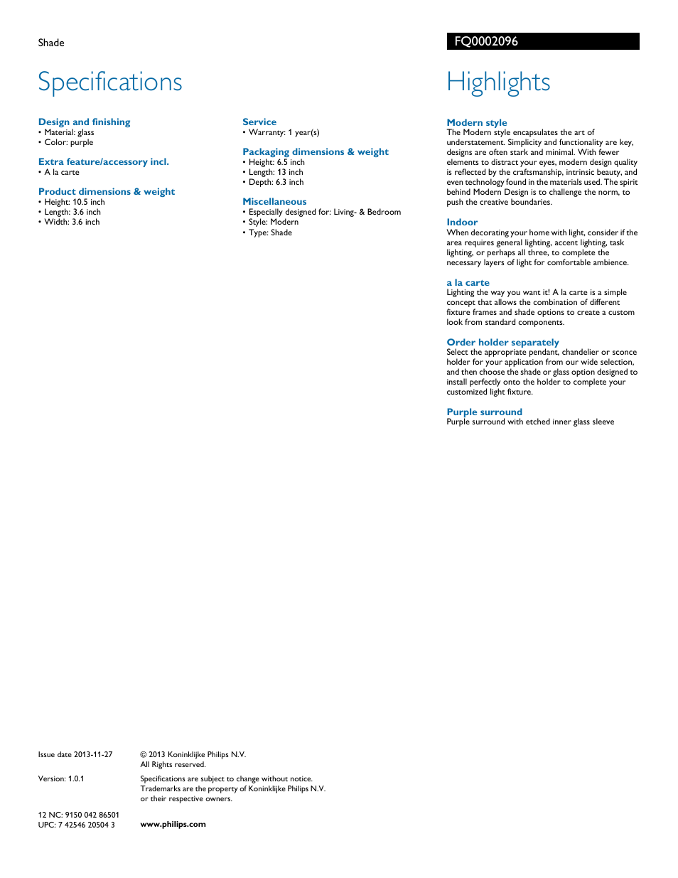 Specifications, Highlights | Philips FQ0002096 User Manual | Page 2 / 2