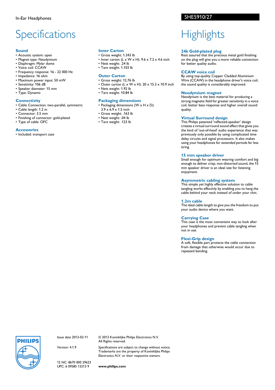Specifications, Highlights | Philips SHE5910-27 User Manual | Page 2 / 2