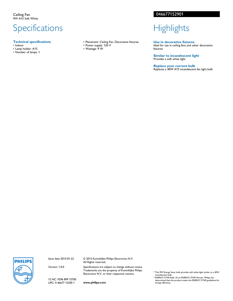 Specifications, Highlights | Philips 046677152901 User Manual | Page 2 / 2