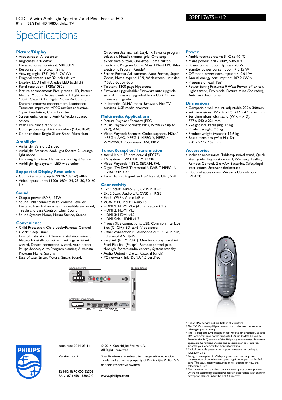 Specifications | Philips 32PFL7675H-12 User Manual | Page 3 / 3