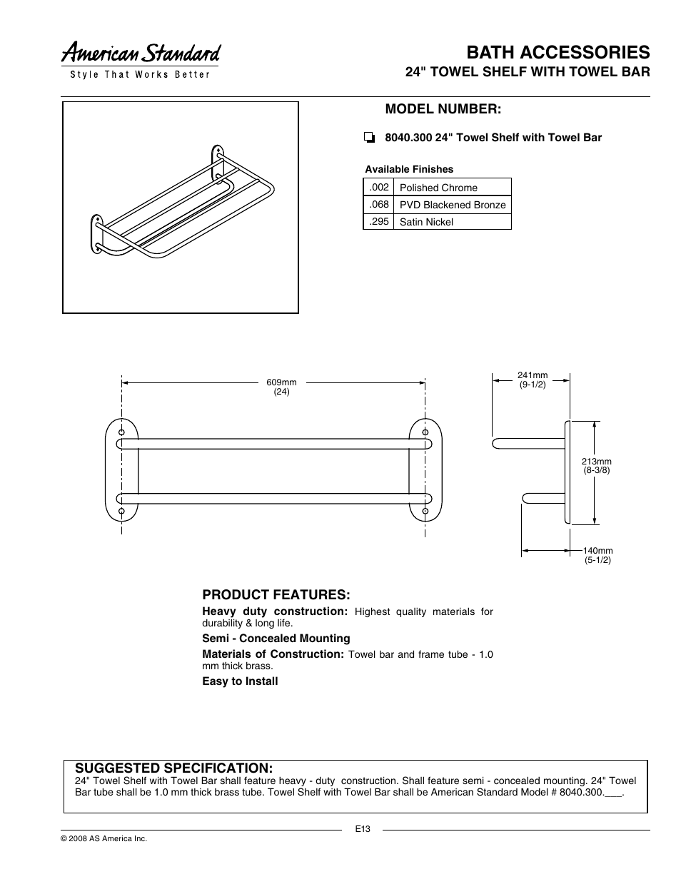 American Standard 24" Towel Shelf with Towel Bar 8040.300 User Manual | 1 page