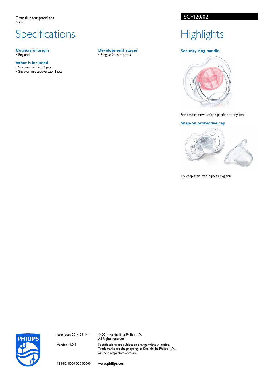 Specifications, Highlights | Philips SCF120-02 User Manual | Page 2 / 2
