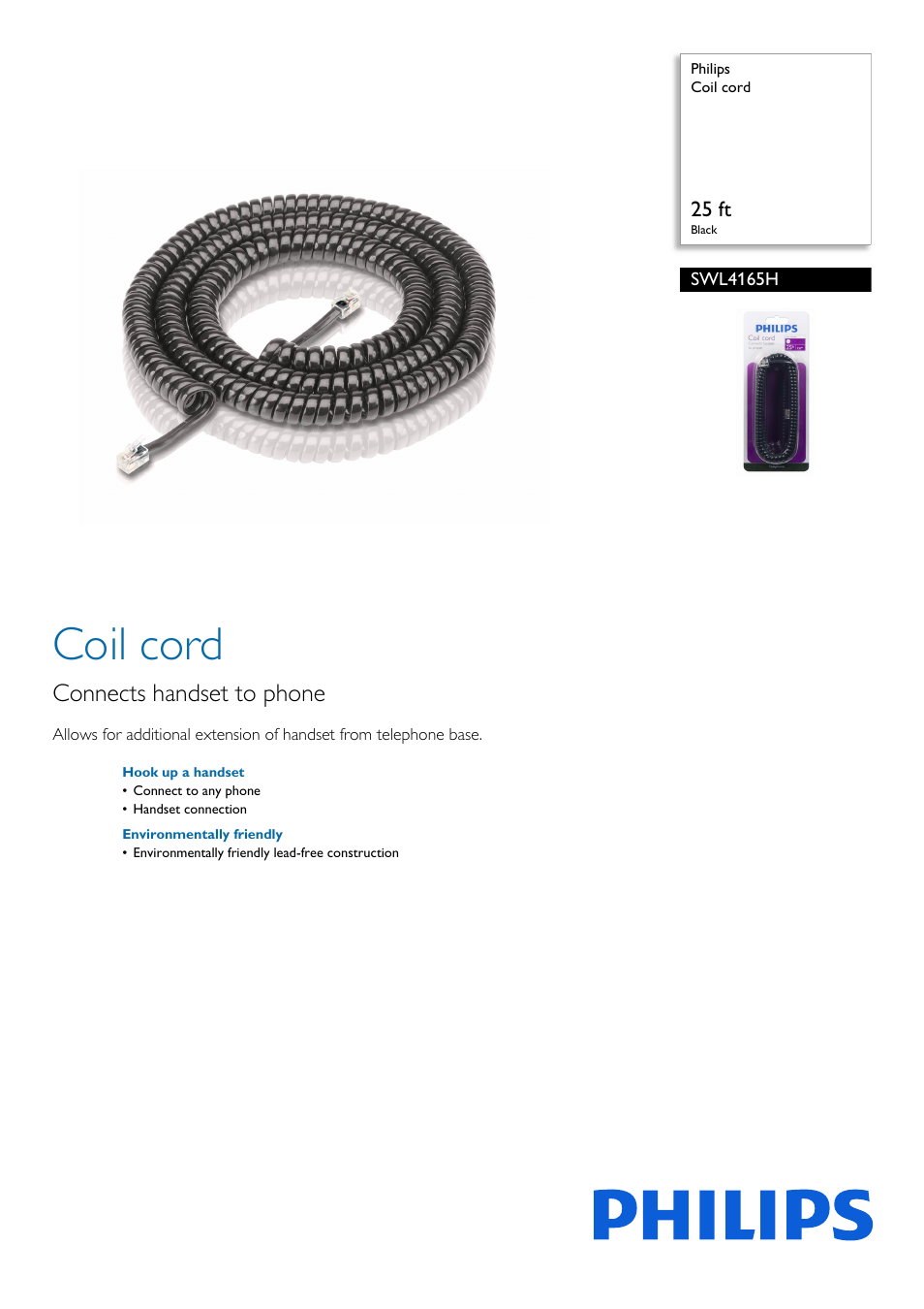 Philips Coil cord SWL4165H 25 ft Black User Manual | 2 pages