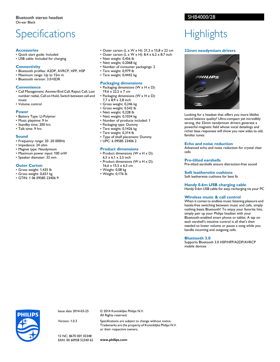 Specifications, Highlights | Philips SHB4000-28 User Manual | Page 2 / 2