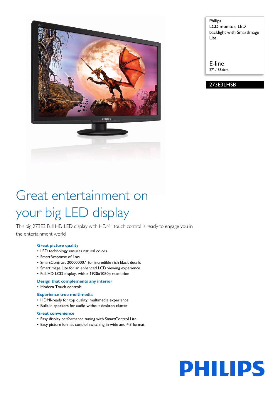 Philips 273E3LHSB-00 User Manual | 3 pages