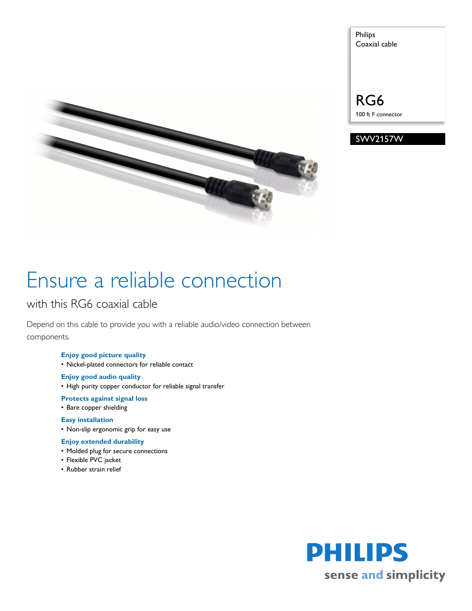 Philips Coaxial cable SWV2157W RG6 100 ft F connector User Manual | 2 pages