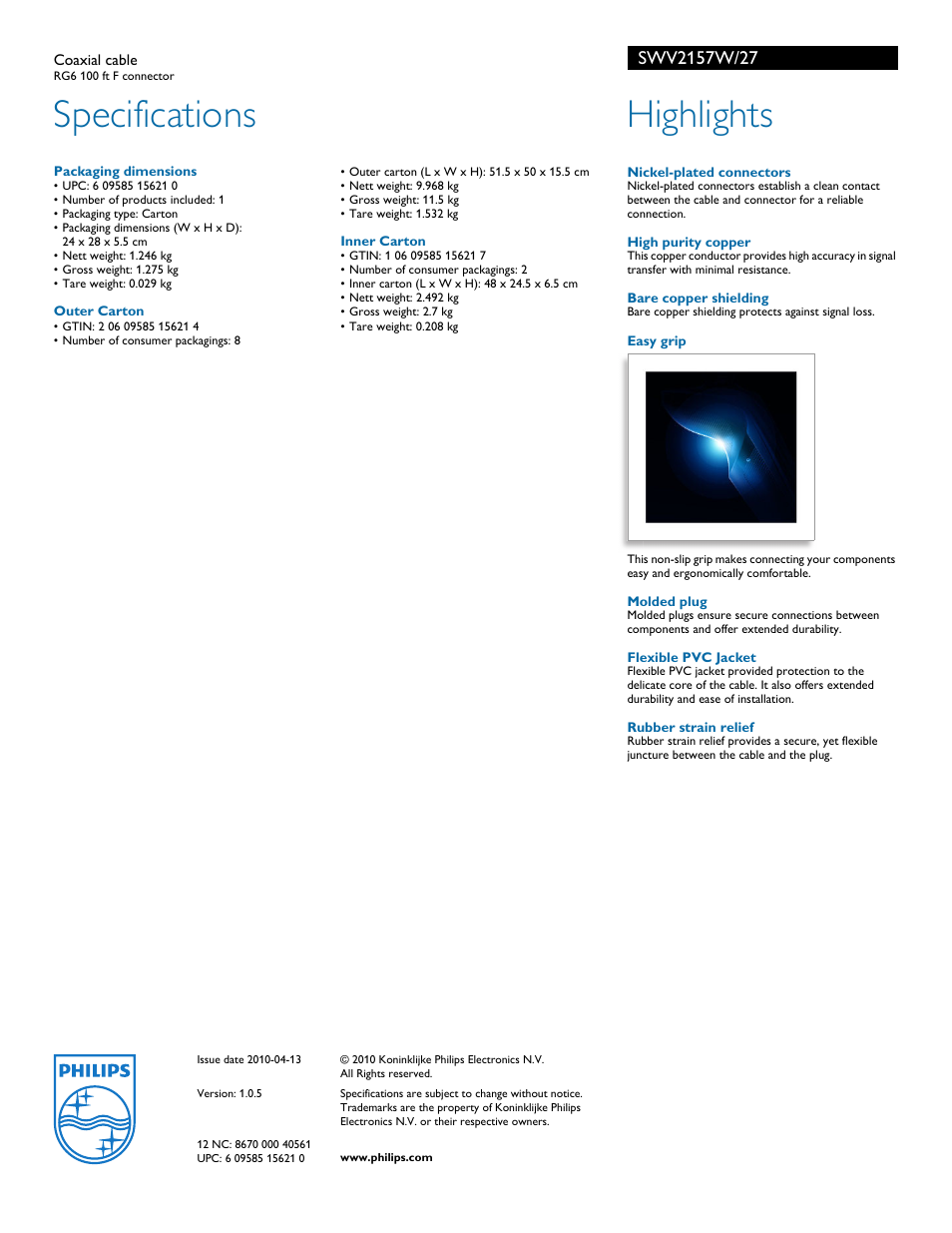 Specifications, Highlights | Philips Coaxial cable SWV2157W RG6 100 ft F connector User Manual | Page 2 / 2