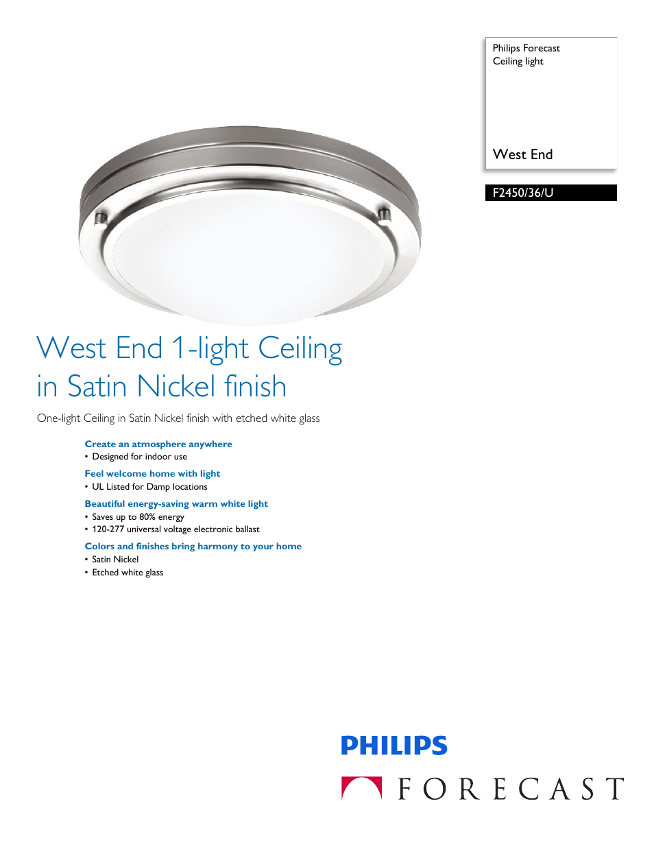 Philips Forecast Ceiling light F2450-36-U West End User Manual | 2 pages