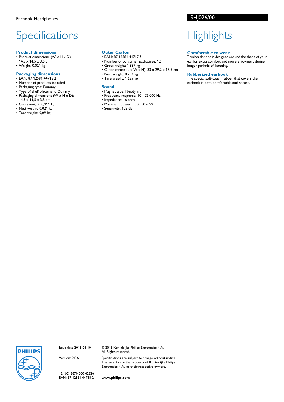 Specifications, Highlights | Philips SHJ026-00 User Manual | Page 2 / 2