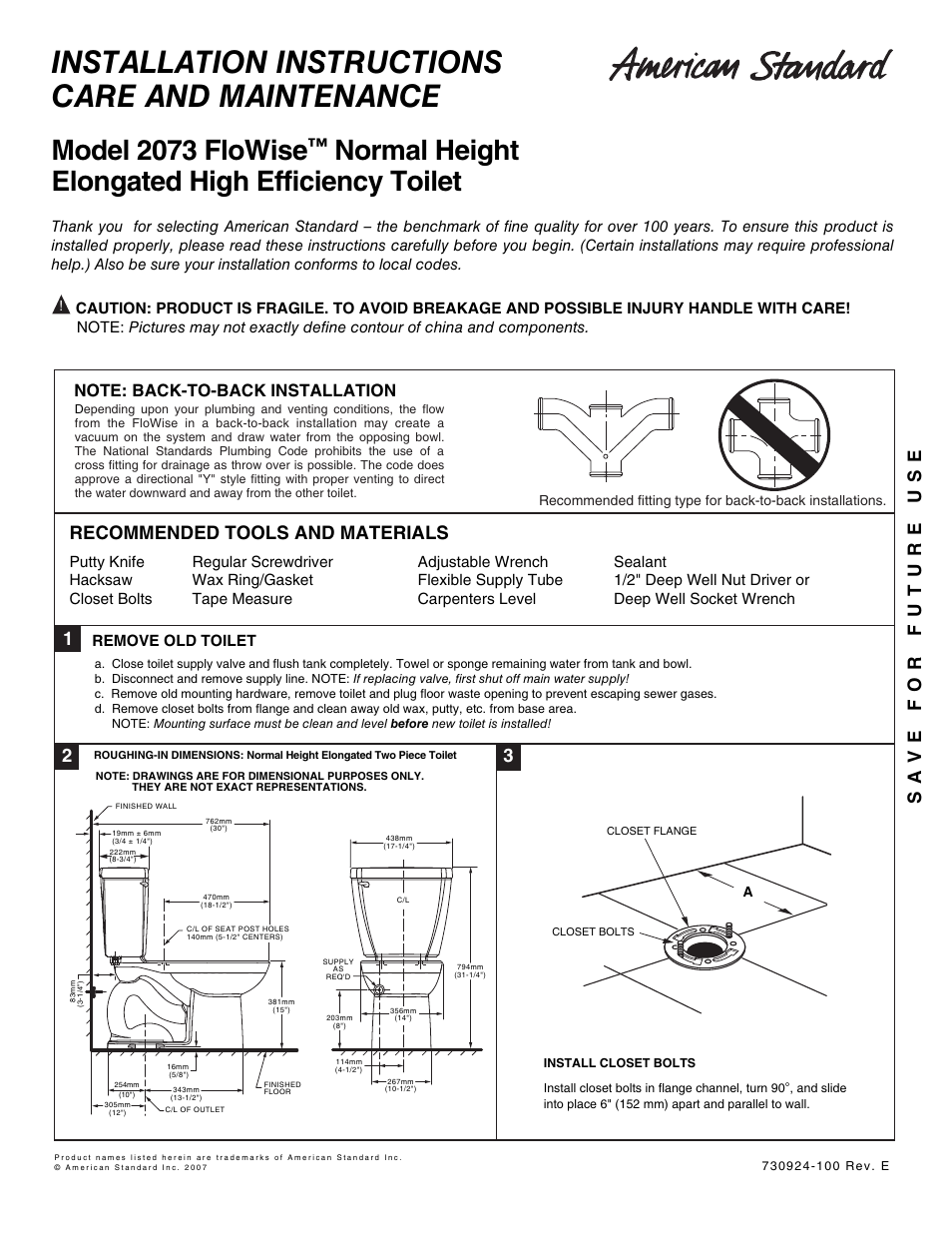 American Standard FLOWISE 2073 User Manual | 5 pages