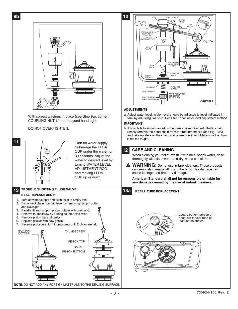 Installation instructions care and maintenance, Model 2073 flowise, Normal height elongated high efficiency toilet | Recommended tools and materials, 714 9a, 10 9b, 13 13a, Warning, Flowise, Het ten-year worry-free | American Standard FLOWISE 2073 User Manual | Page 3 / 5