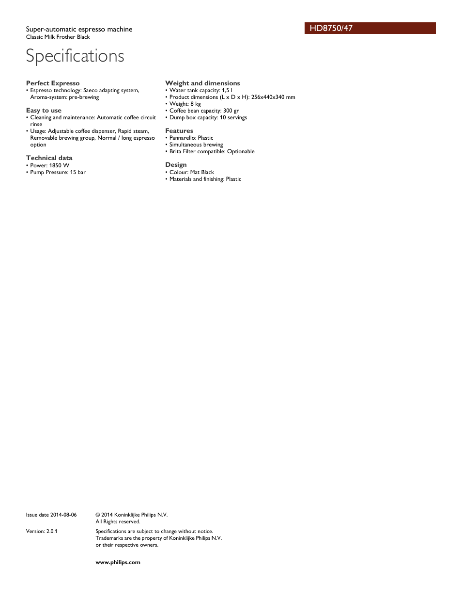 Specifications | Philips HD8750-47 User Manual | Page 3 / 3