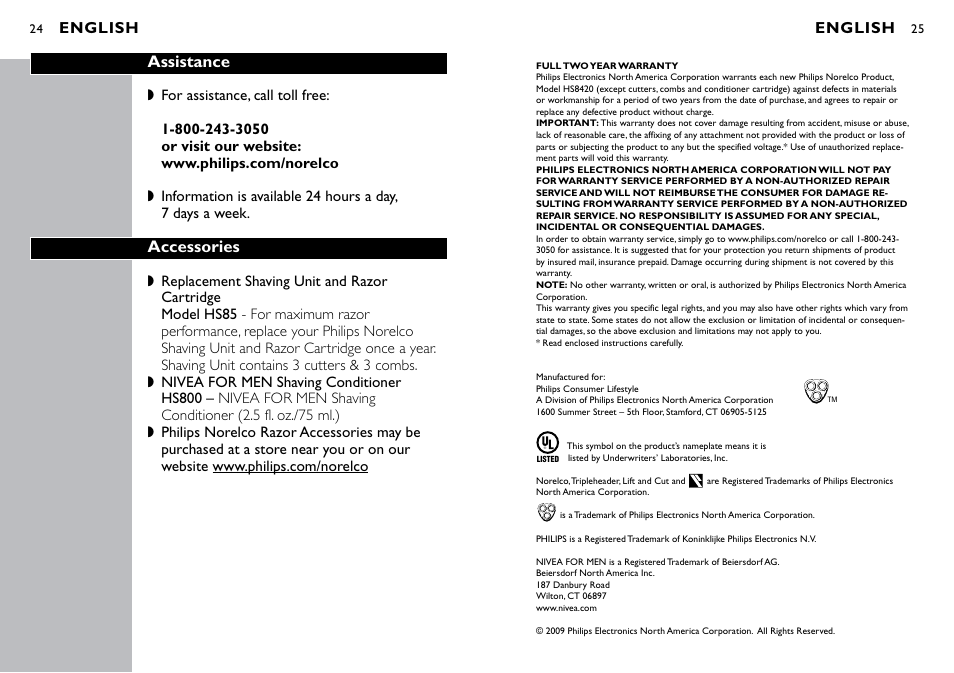 English, English assistance, Accessories | Philips Norelco NIVEA NIVEA FOR MEN razor HS8420 with battery indicator User Manual | Page 13 / 13