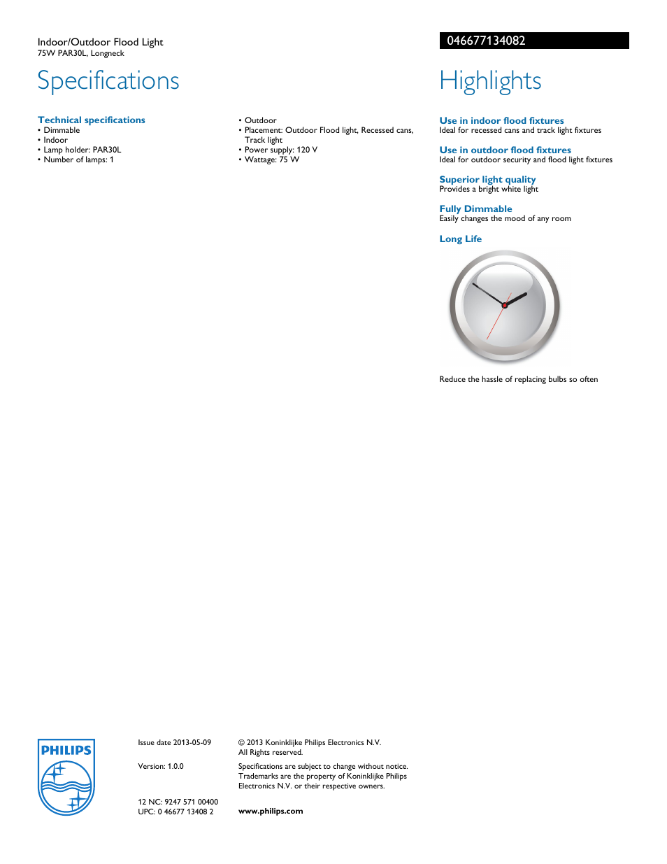 Specifications, Highlights | Philips 046677134082 User Manual | Page 2 / 2