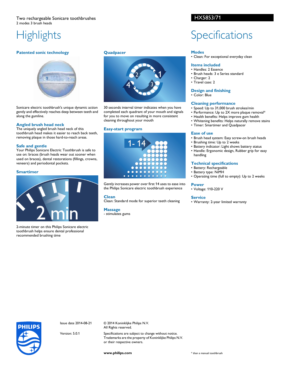 Highlights, Specifications | Philips HX5853-71 User Manual | Page 2 / 2