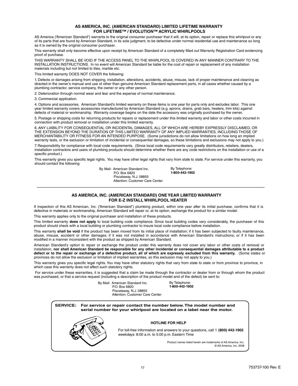 American Standard 7236L / V User Manual | Page 17 / 17