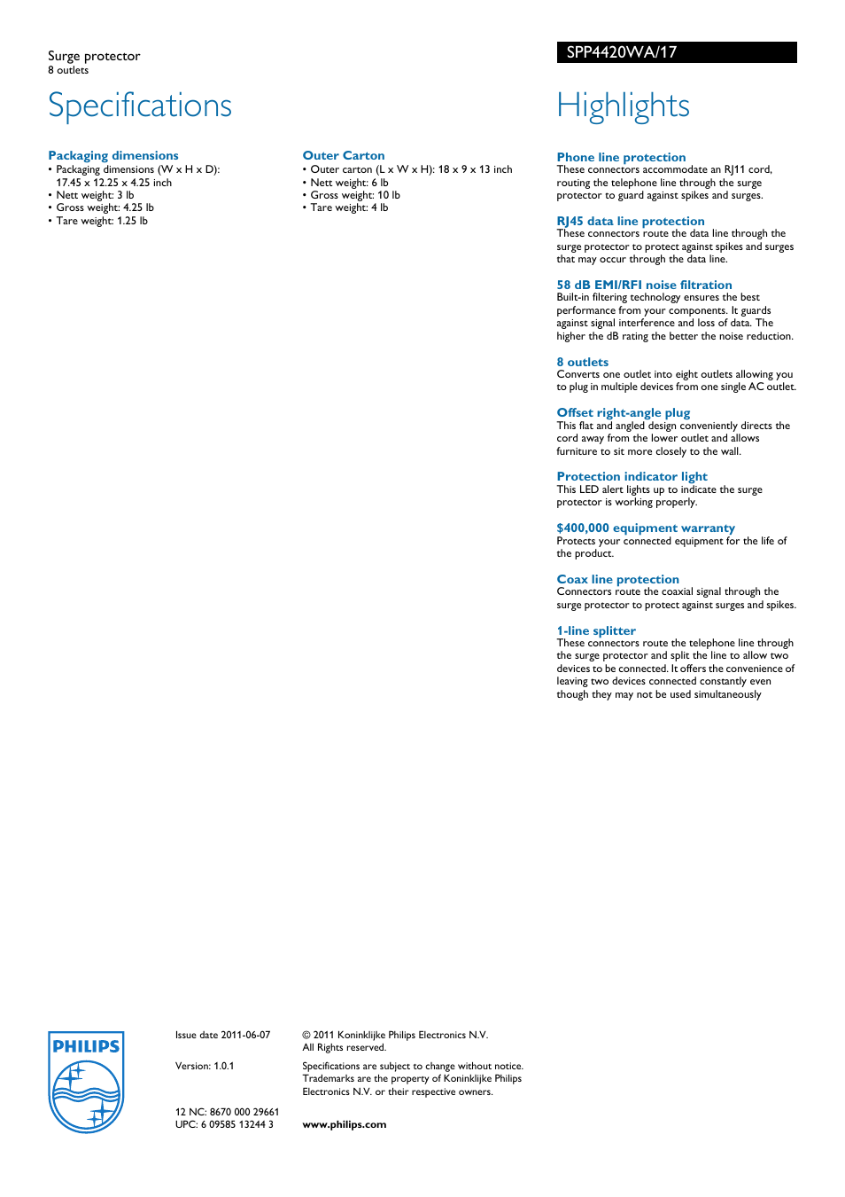 Specifications, Highlights | Philips SPP4420WA-17 User Manual | Page 2 / 2