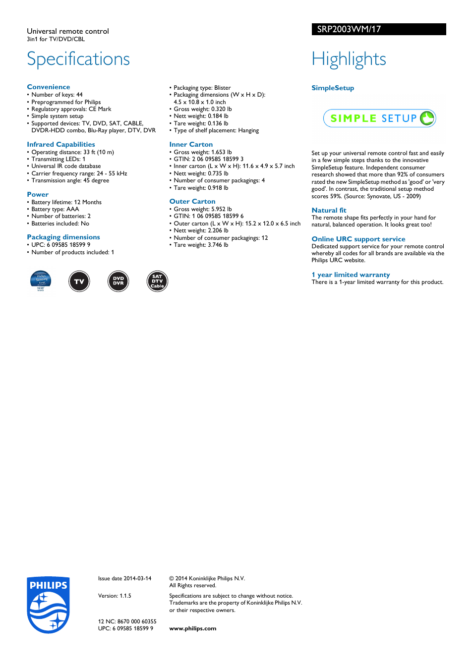 Specifications, Highlights | Philips SRP2003WM-17 User Manual | Page 2 / 2