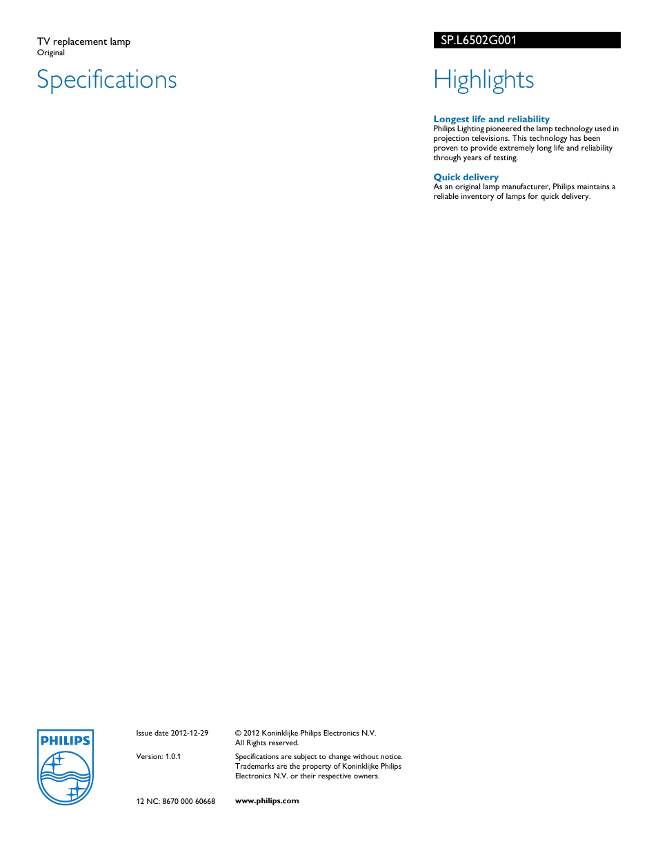 Specifications, Highlights | Philips SP.L6502G001 User Manual | Page 2 / 2