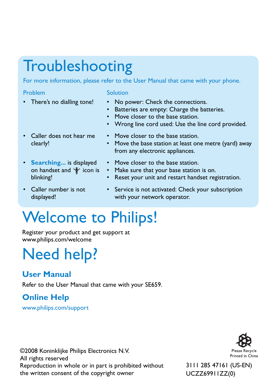 Welcome to philips, Need help, Troubleshooting | Philips SE6591B-17 User Manual | Page 6 / 6