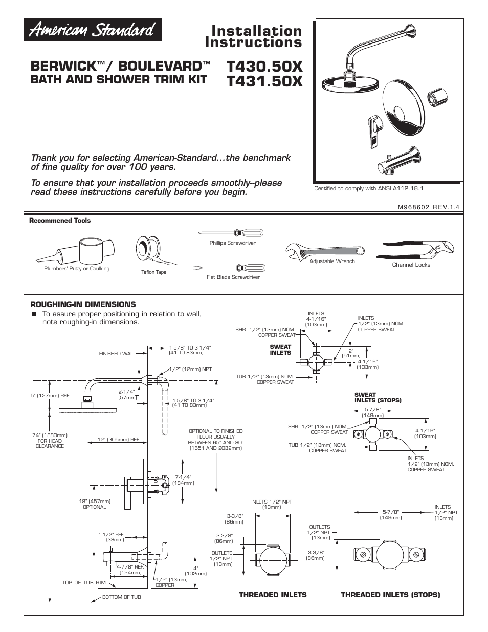 American Standard BERWICK T430.50X User Manual | 4 pages