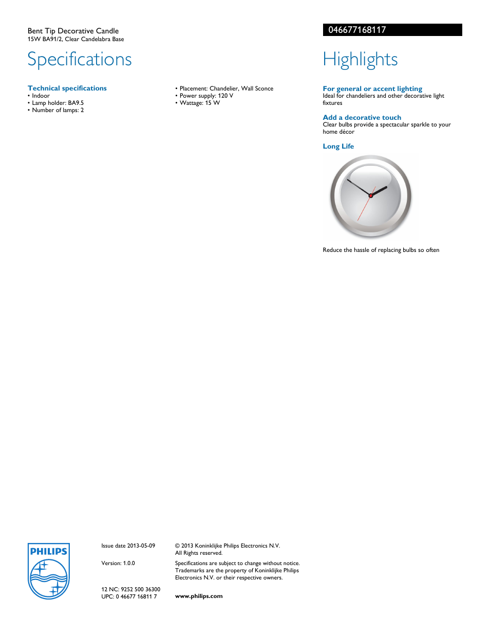 Specifications, Highlights | Philips 046677168117 User Manual | Page 2 / 2