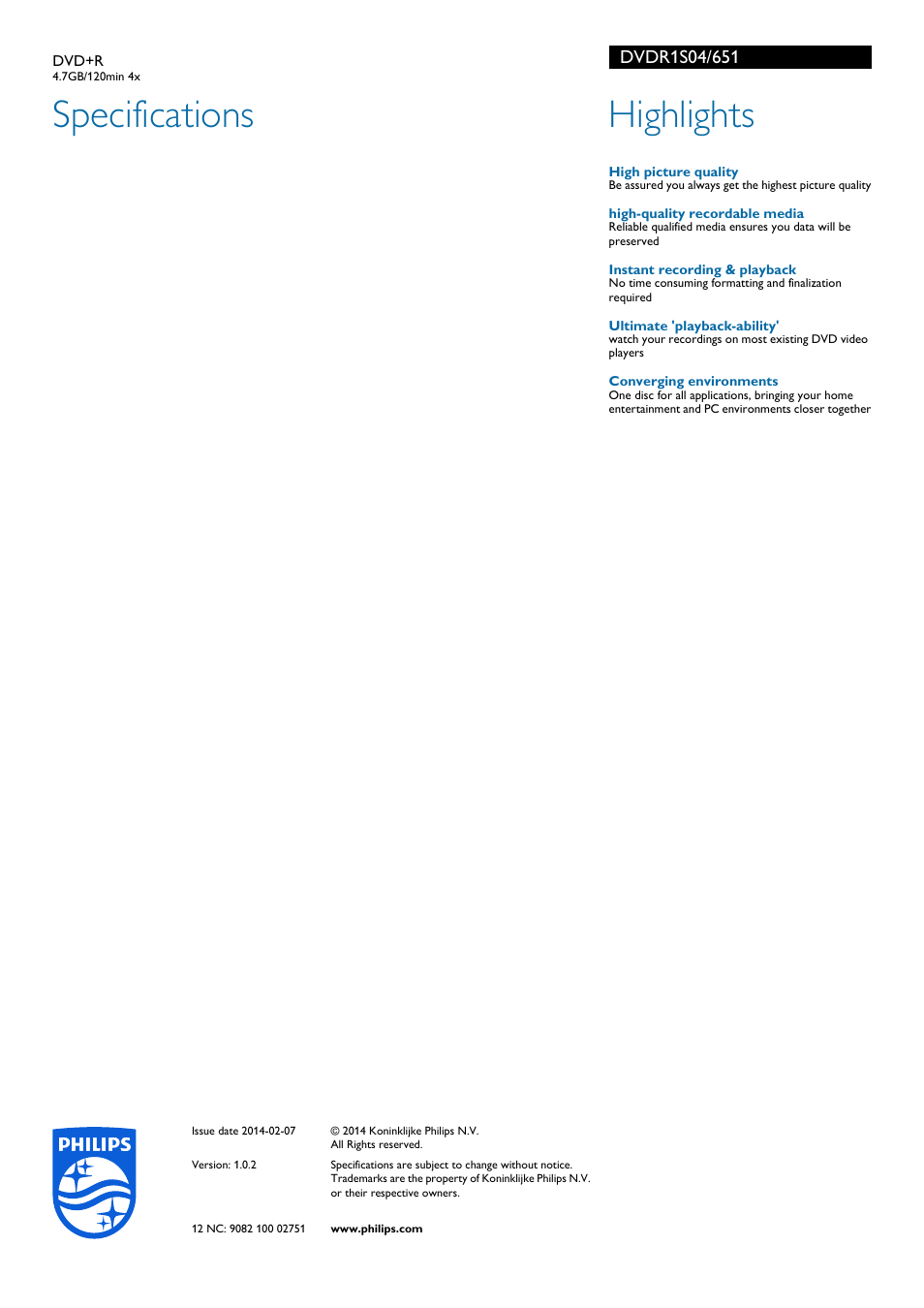 Specifications, Highlights | Philips DVDR1S04-651 User Manual | Page 2 / 2