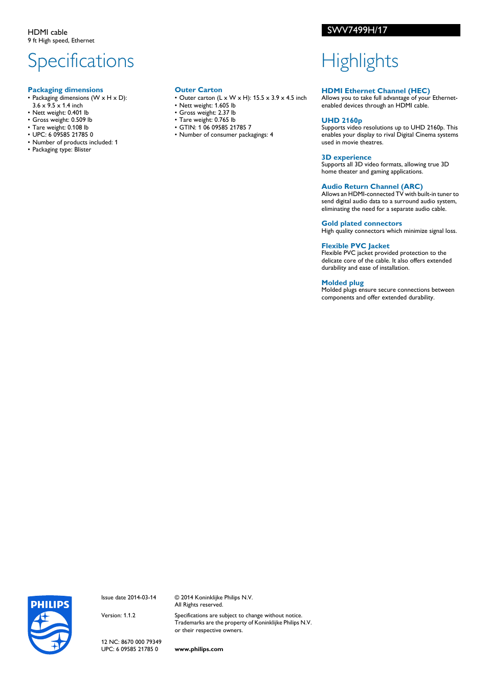 Specifications, Highlights | Philips SWV7499H-17 User Manual | Page 2 / 2