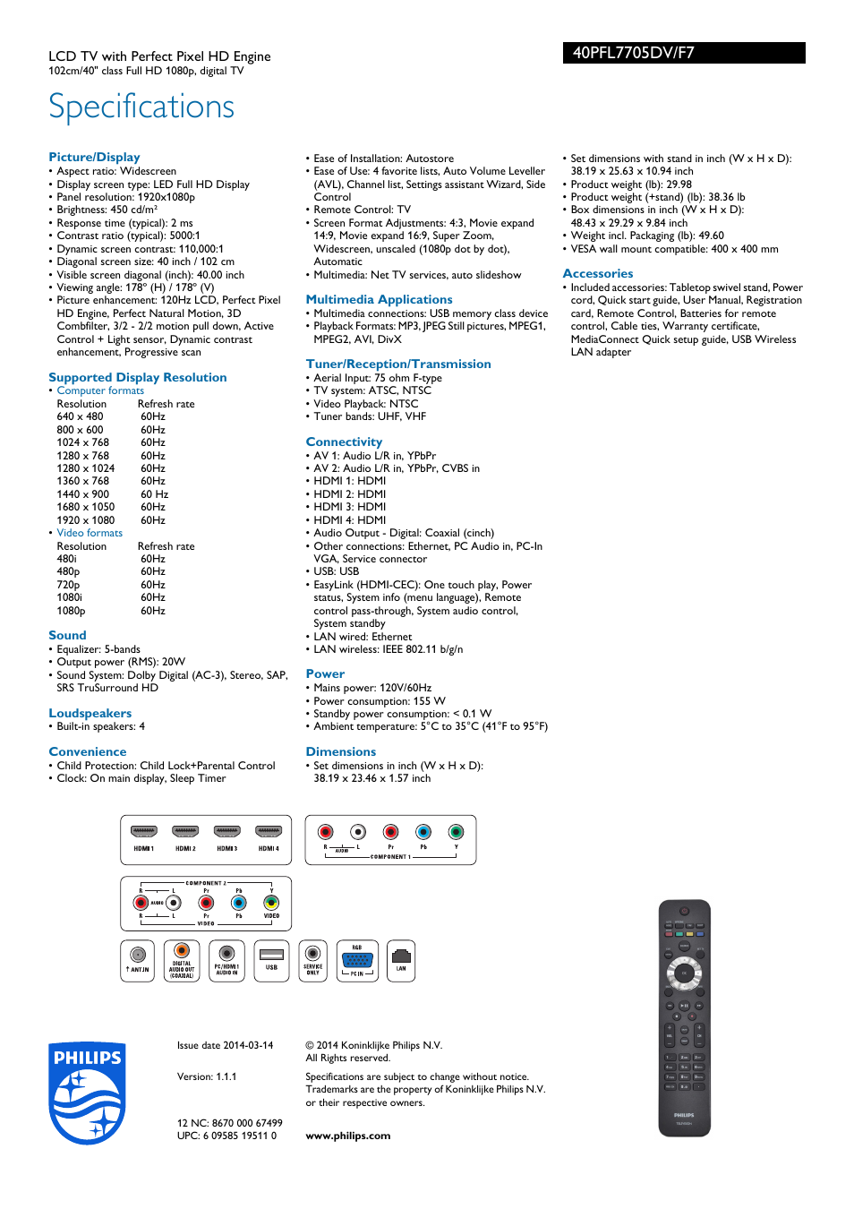 Specifications | Philips 40PFL7705DV-F7 User Manual | Page 3 / 3