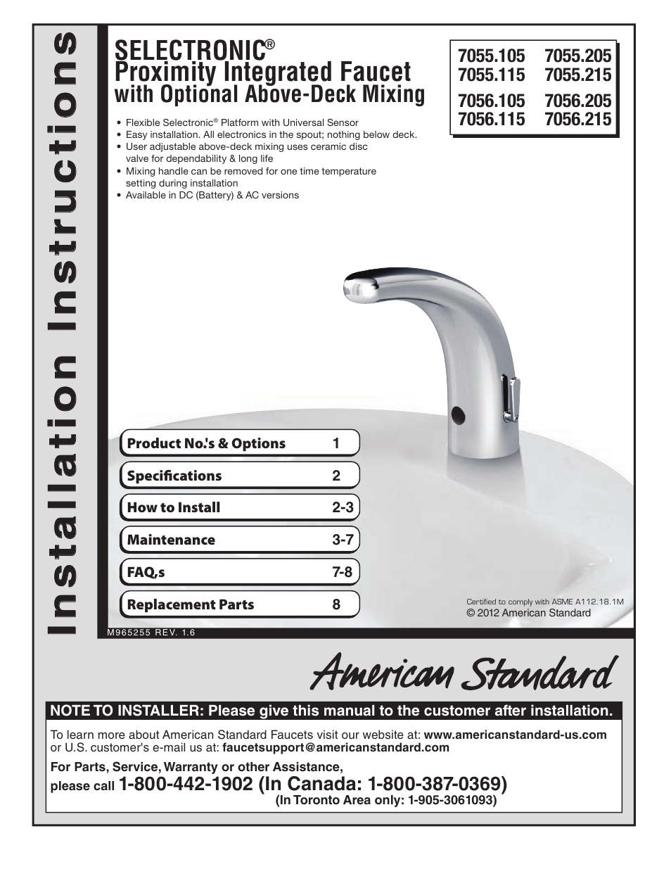 American Standard Selectronic Proximity Integrated Faucet with Optional Above Deck Mixing 705.215 User Manual | 9 pages