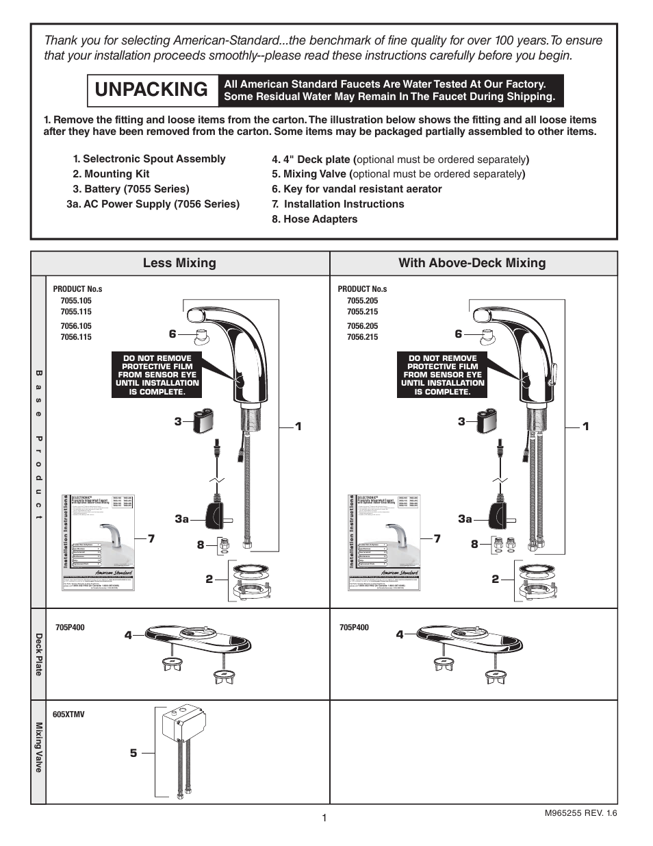 Unpacking, Less mixing with above-deck mixing, 3a 8 8 | Platform with universal sensor | American Standard Selectronic Proximity Integrated Faucet with Optional Above Deck Mixing 705.215 User Manual | Page 2 / 9