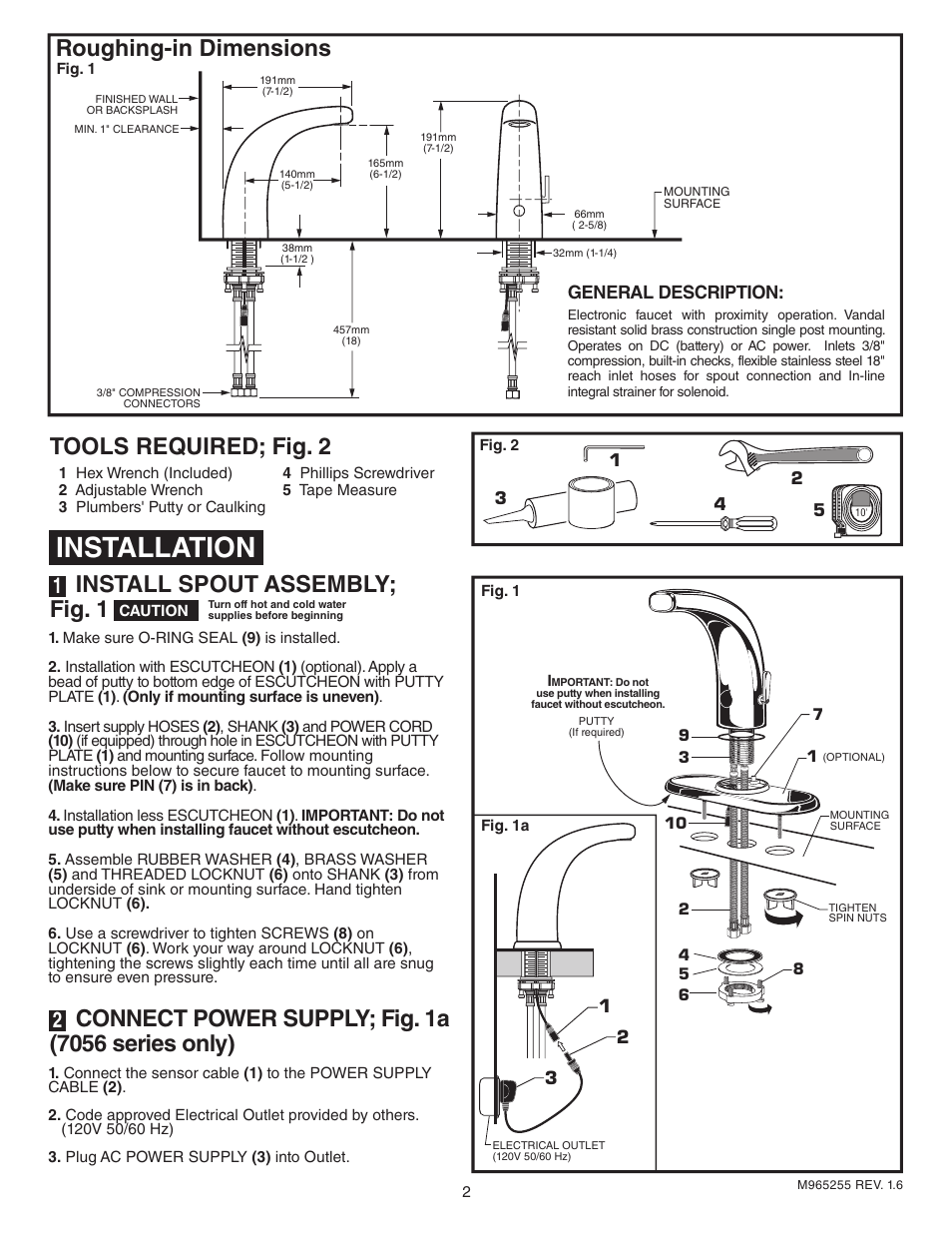 Installation, Tools required; fig. 2, Install spout assembly; fig. 1 | Roughing-in dimensions, General description | American Standard Selectronic Proximity Integrated Faucet with Optional Above Deck Mixing 705.215 User Manual | Page 3 / 9