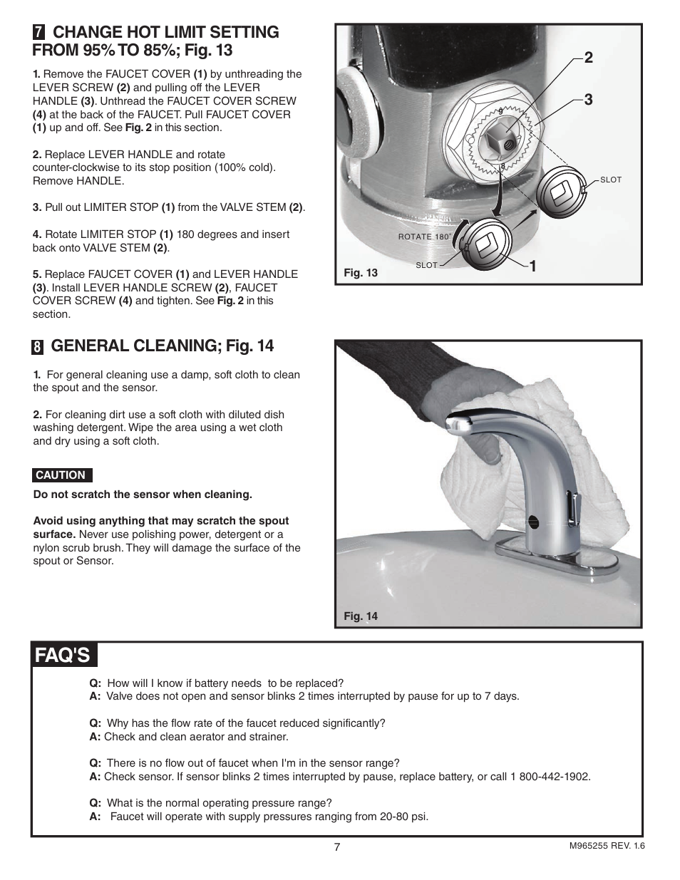 Faq's, General cleaning; fig. 14 | American Standard Selectronic Proximity Integrated Faucet with Optional Above Deck Mixing 705.215 User Manual | Page 8 / 9