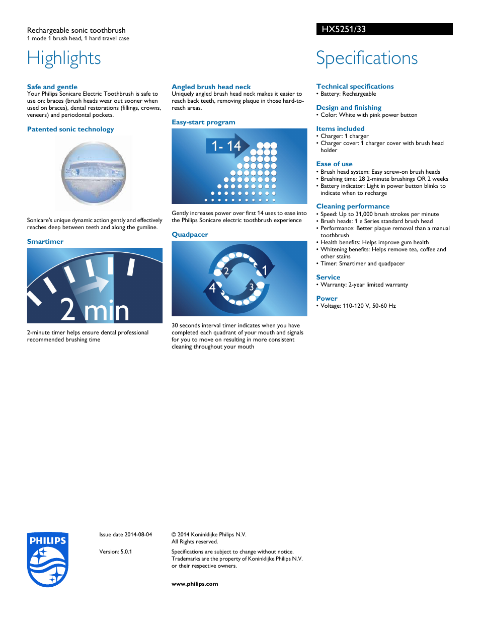 Highlights, Specifications | Philips HX5251-33 User Manual | Page 2 / 2