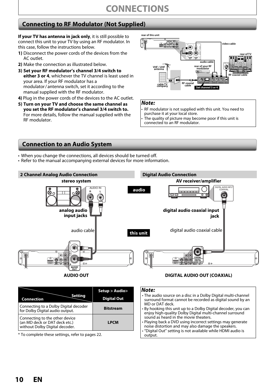 Connecting to rf modulator (not supplied), Connection to an audio system, Connections | 10 en | Philips DVP3570-F7 User Manual | Page 10 / 32